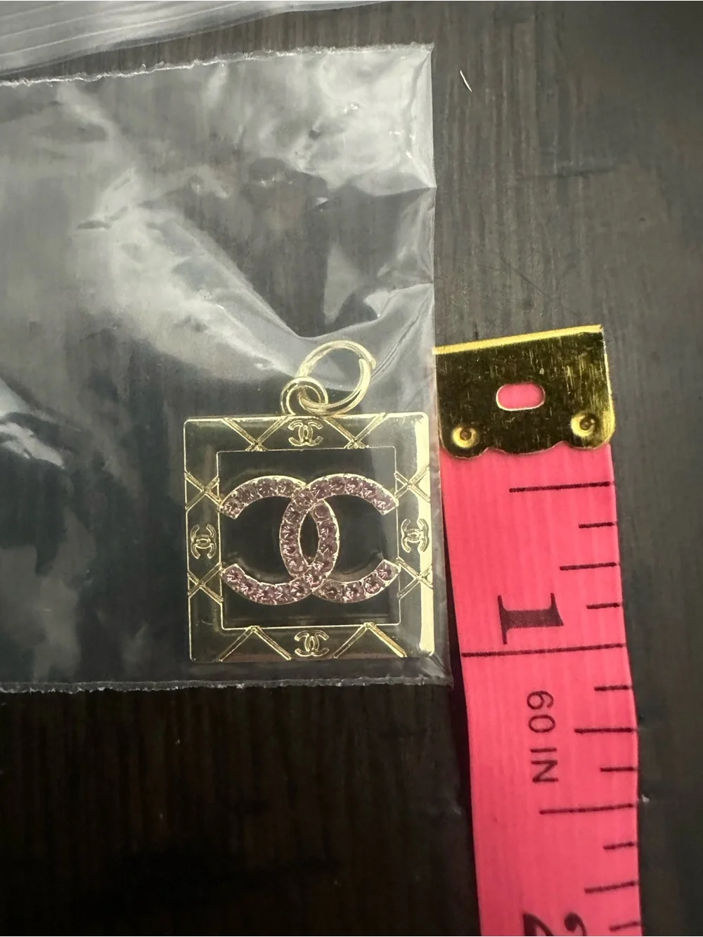 CC Chanel Gold Square Pendant with Pink Crystal CC Logo